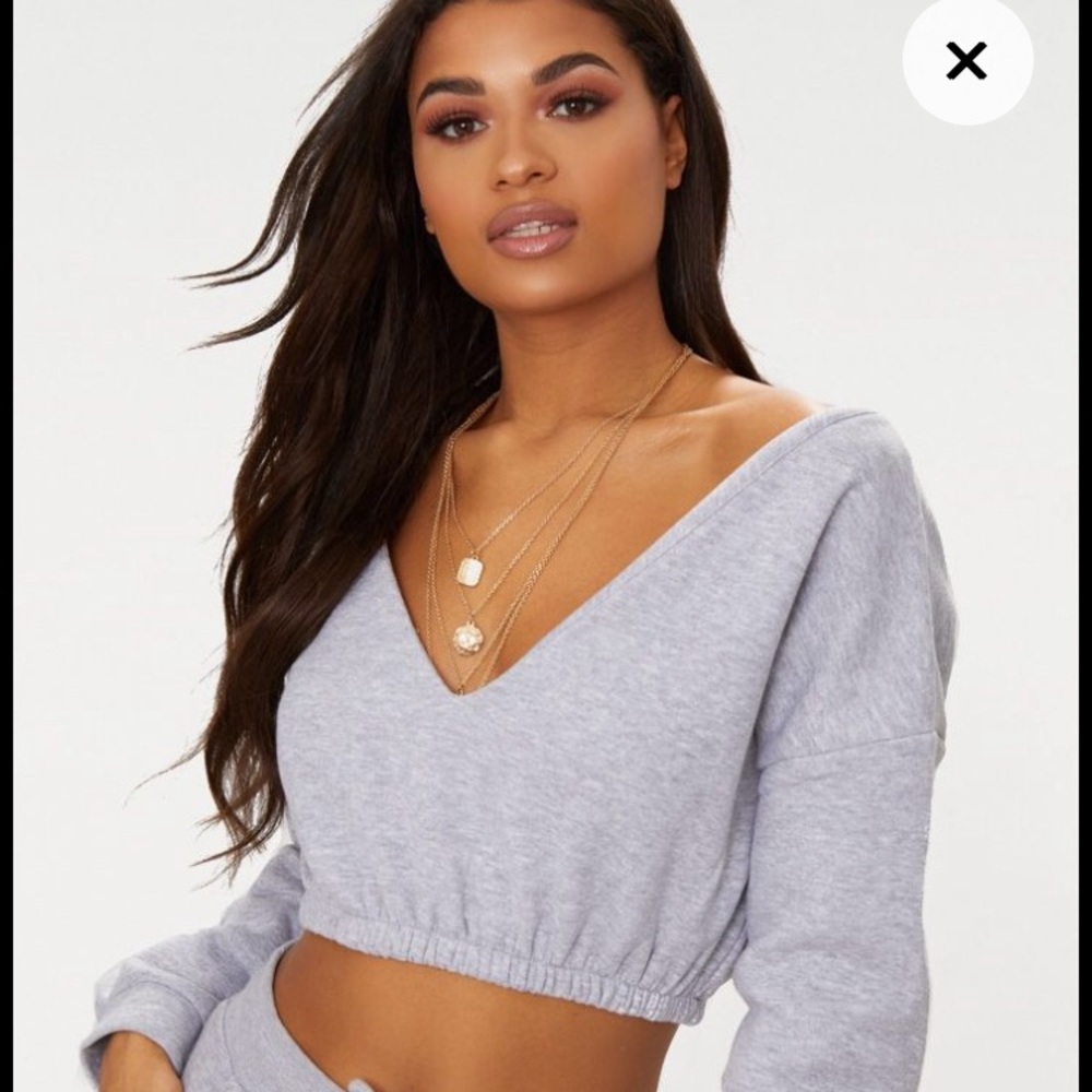 PrettyLittleThing Grey Crop Off Shoulder Sweater